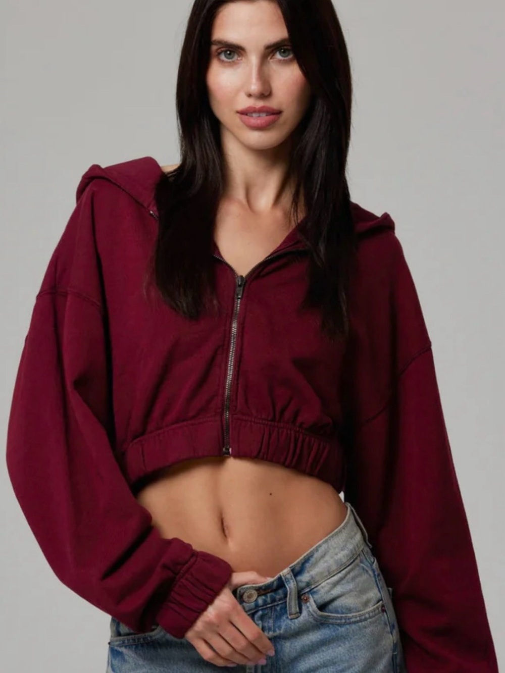 TALENTLESS Burgundy Cropped Zip Hoodie